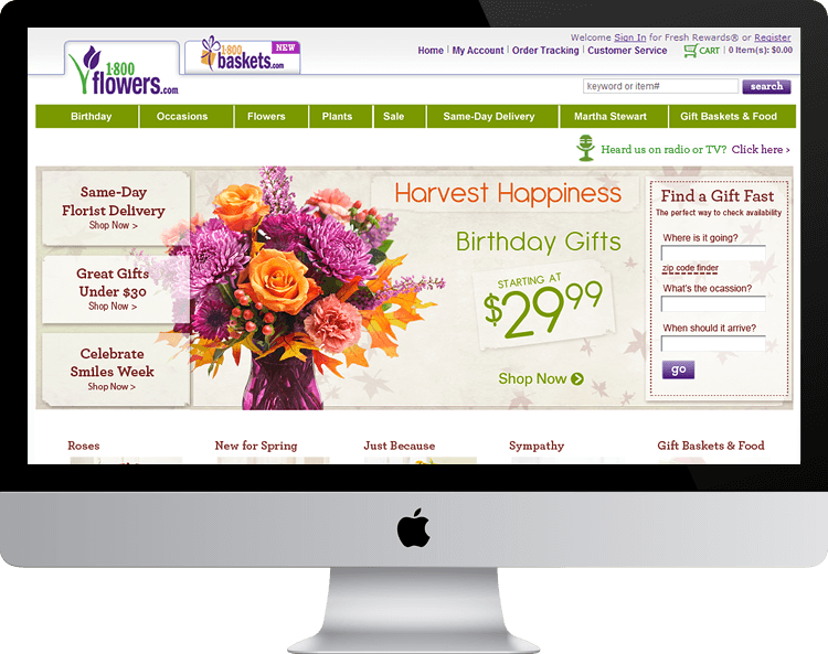 1-800-Flowers.com homepage fall design purple flowers harvest happiness birthday gifts